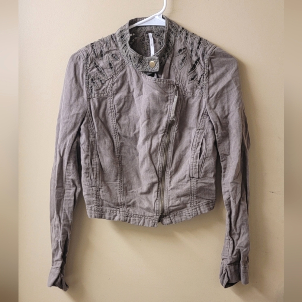 Free People Embroidered Cutout Moto Jacket Size 0